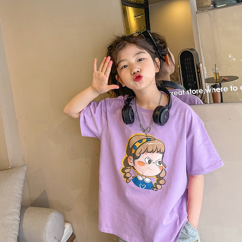 Cartoon Print Loose Short Sleeve T-Shirt for Girls, Casual Style, Kids' Clothing