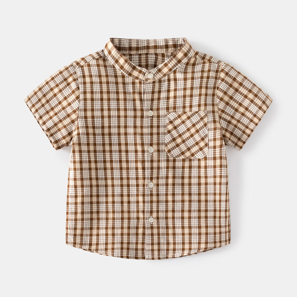 Coffee Grid Stand Collar Kids Short Sleeve Cool Outdoor Travel Casual Middle and Small Children Shirt