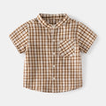Coffee Grid Stand Collar Kids Short Sleeve Cool Outdoor Travel Casual Middle and Small Children Shirt