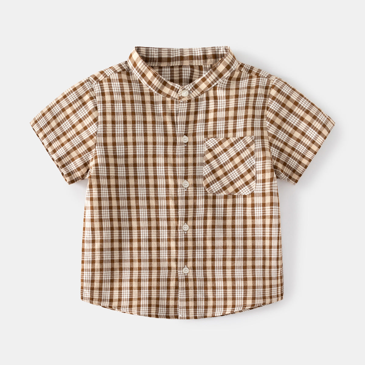 Coffee Grid Stand Collar Kids Short Sleeve Cool Outdoor Travel Casual Middle and Small Children Shirt