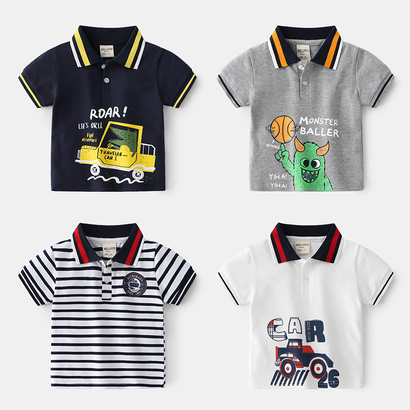 Cartoon Letter Print Short Sleeve Polo Shirt for Boys Casual Summer Style