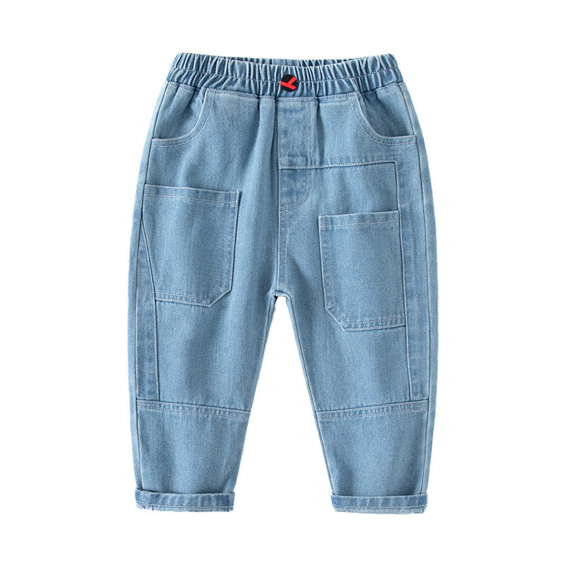 Mid-Waist Blue Patch Pocket Boys' Jeans Long Pants Casual Outdoor Soft Cotton Denim Pants