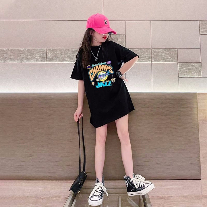 Girls'  Long T-Shirt Mid to Large Size Plus Size Short Sleeve Basketball Sport Dress