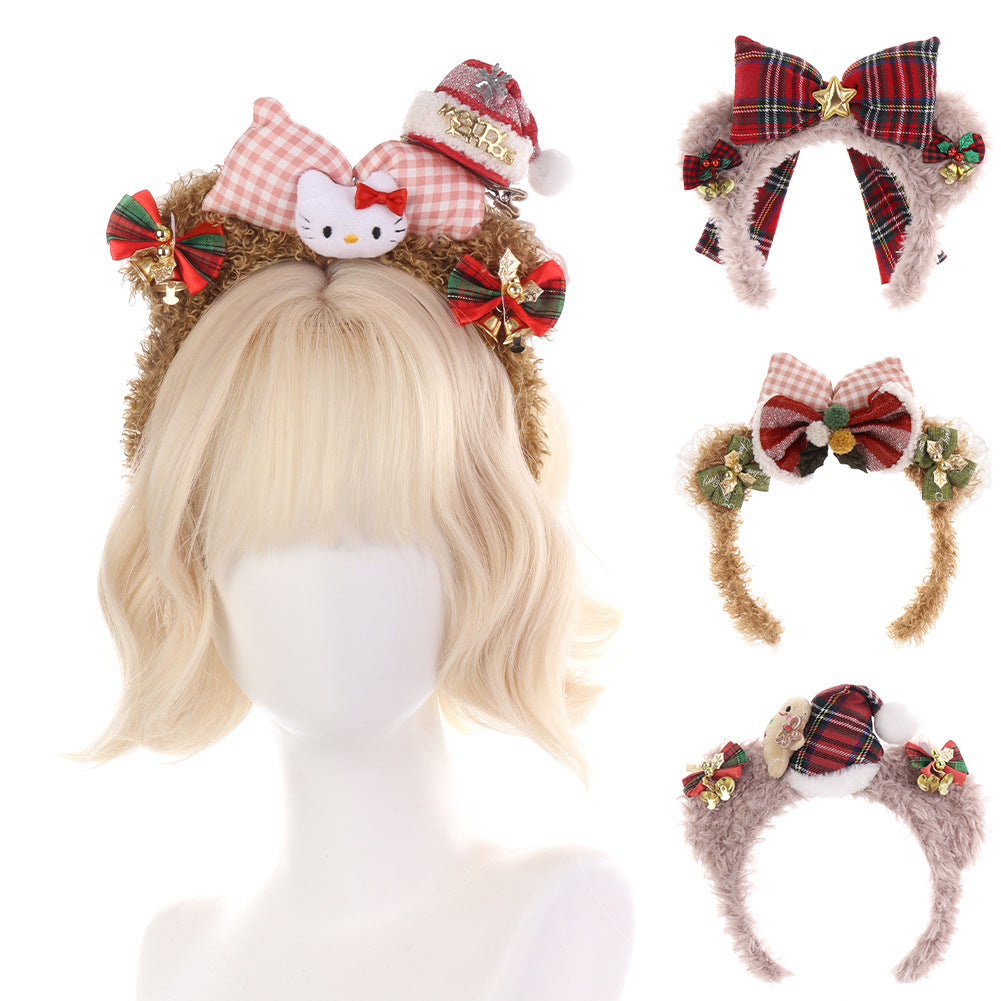 Christmas Plush Shellelue Headband with Bow, Red Kitty Hairband for Theme Park Photos