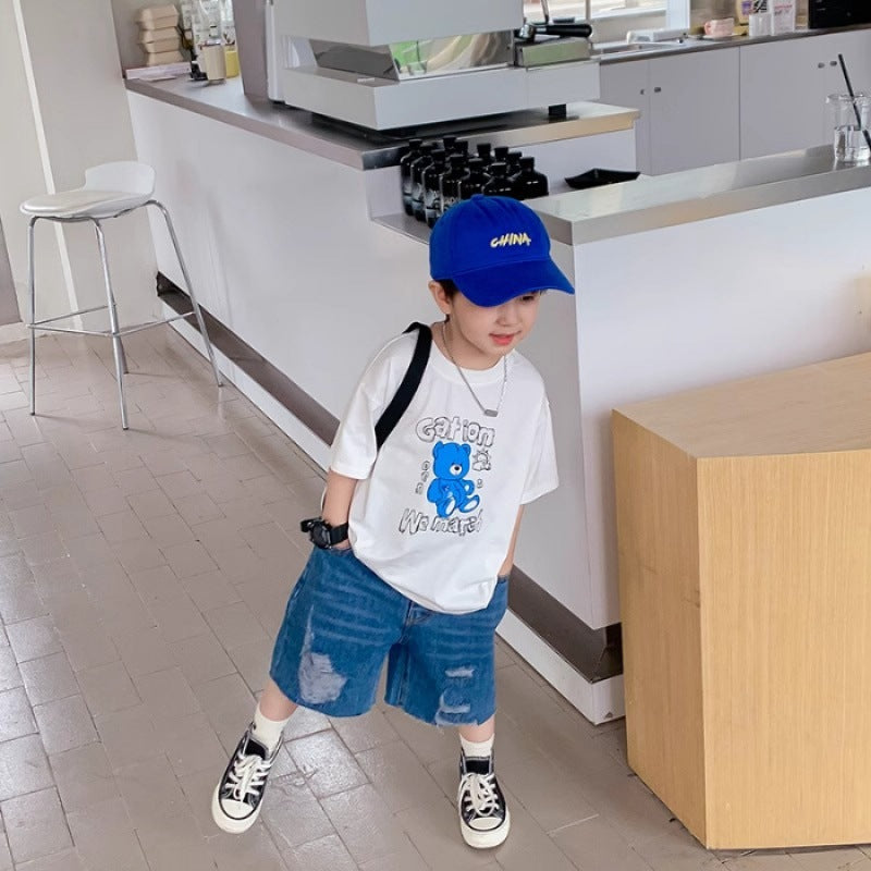 Children's Boy Short Sleeve T-Shirt Bear Print Round Neck Tee