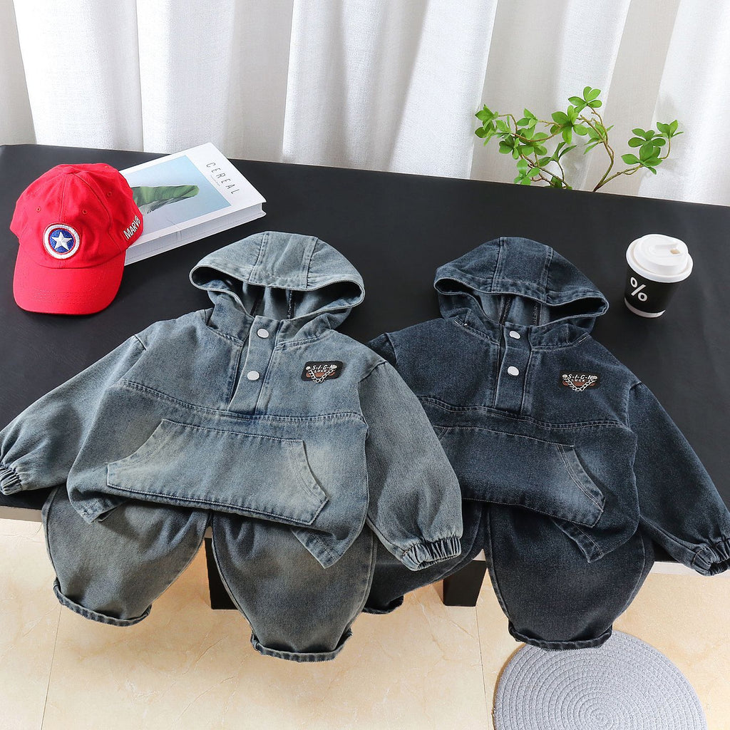 Solid color denim long sleeved two-piece set