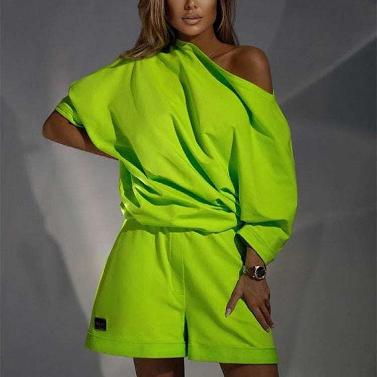 Fashionable Women's Hoodie Pants Set, One-Shoulder Wide Sleeve Loose Two-Piece Outfit