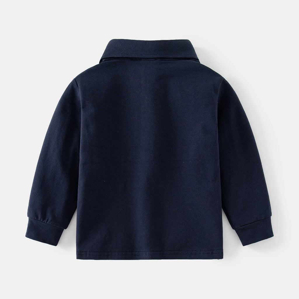 Long Sleeve Polo Shirt with Two-Button Stand Collar and Cartoon Animal Print