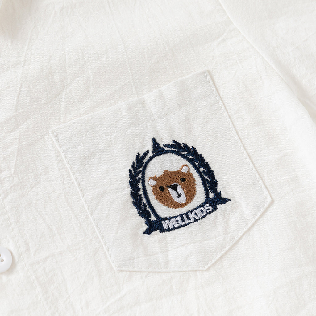 Short Sleeve Shirt Korean Style Children's Embroidered Dress Shirt Baby Turn-down Collar Solid Color Top