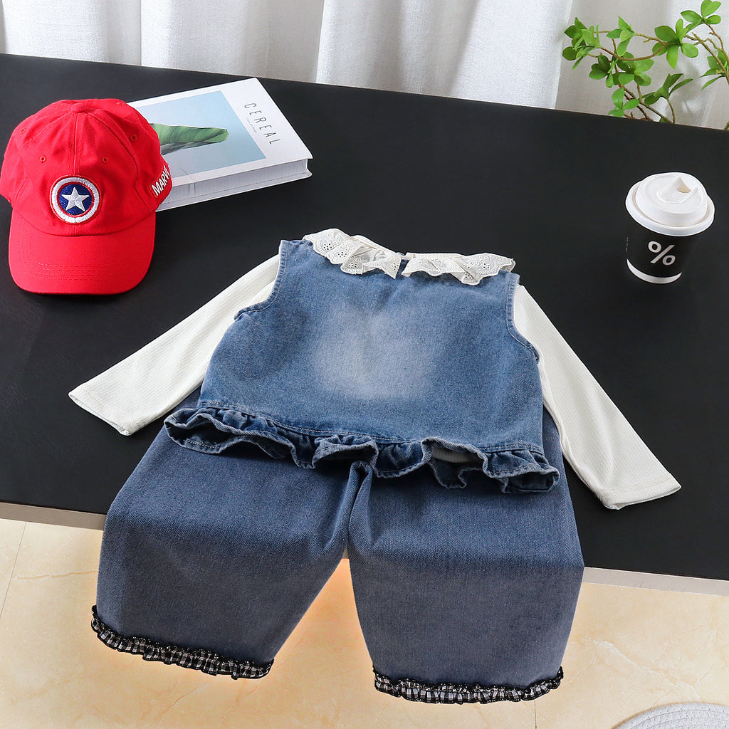 Spring outfit girl denim vest long sleeved three piece set