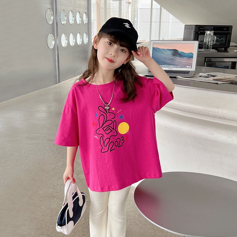 Street-Style T-Shirt for Girls, Casual Short Sleeve Top for Children