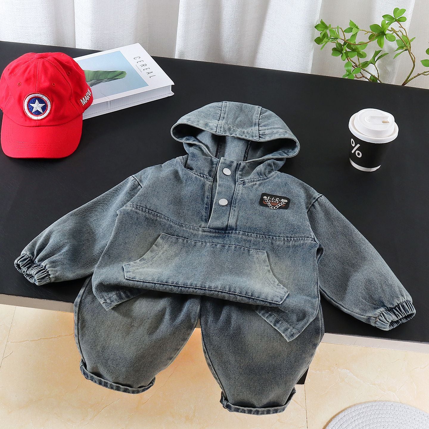 Solid color denim long sleeved two-piece set