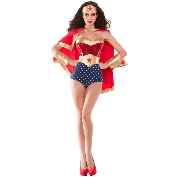 Halloween Costume Women's Cape Superhero Outfit Sexy Bodysuit Cloak Wonder Woman Uniform