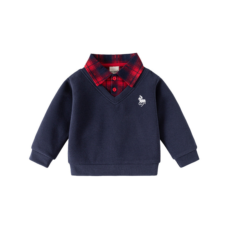 Boys' Faux Two-Piece Hoodie, Children's Shirt Collar Jacket, Baby V-Neck Top
