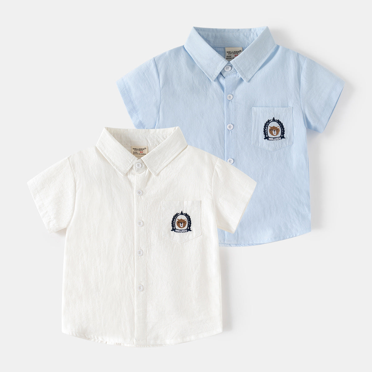 Short Sleeve Shirt Korean Style Children's Embroidered Dress Shirt Baby Turn-down Collar Solid Color Top