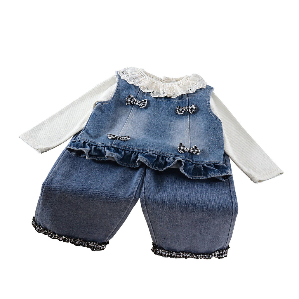 Spring outfit girl denim vest long sleeved three piece set