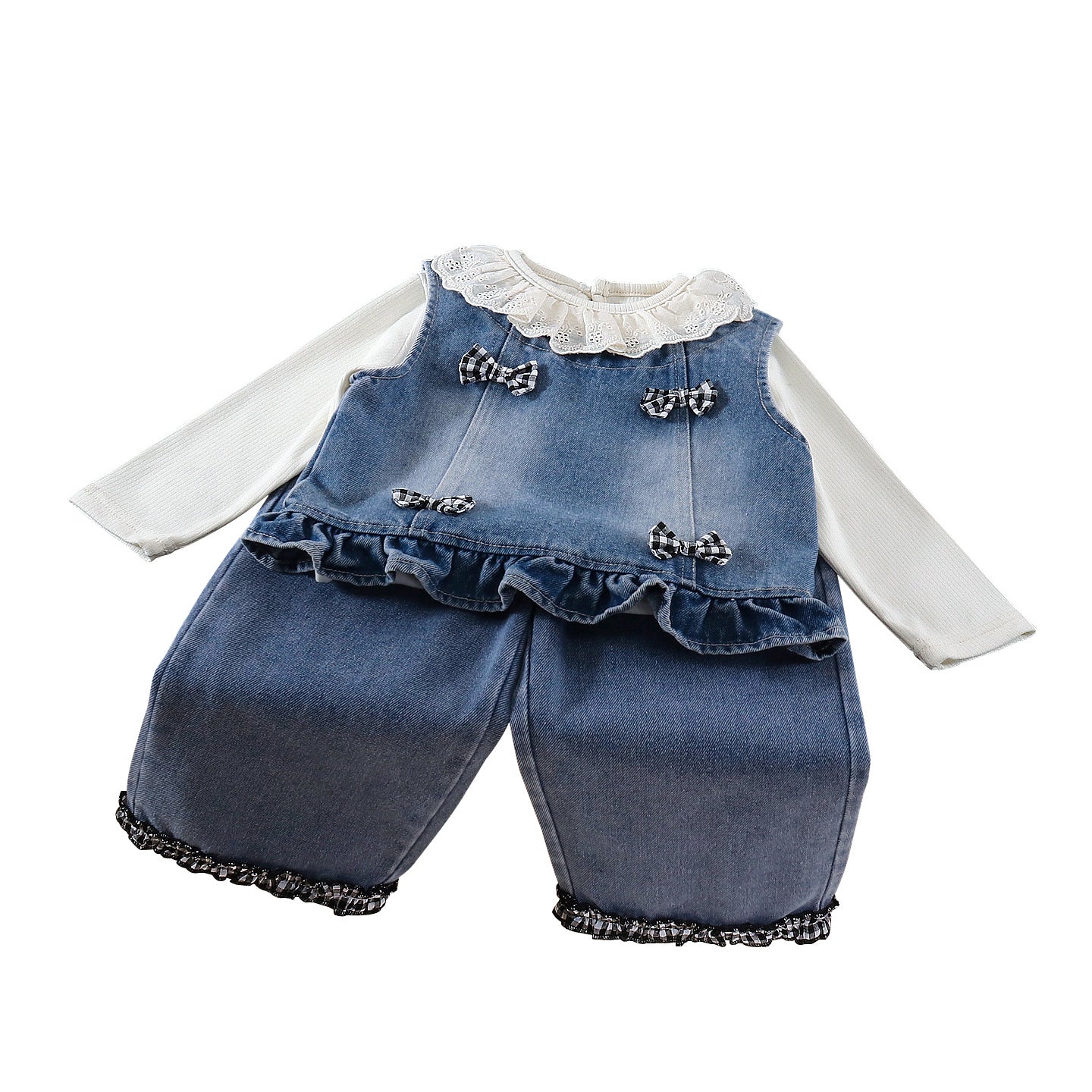 Spring outfit girl denim vest long sleeved three piece set